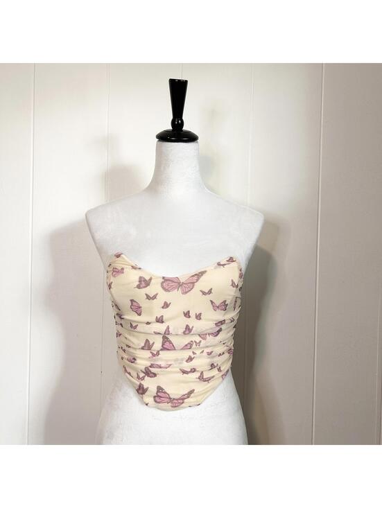 Tops - Tic Toc Butterfly Floral Spring Sheer Bustier Corset Crop Top Women's Small